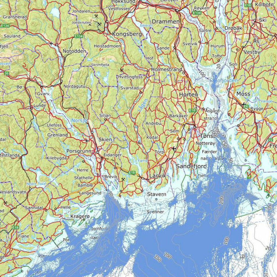 Dette kartet fra Fiskeridirektoratet viser «slepestreker» for fartøy over 15 meter som fisker med bunntrål, i ytre Oslofjord i perioden 2011–2019