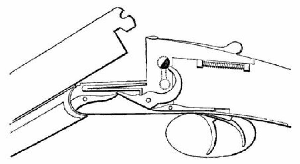 Bildet viser en patenttegning av Anson-Deeley bokslåsen. Den er både enkel og solid, og reduserte kompleksiteten med mer enn titalls deler i forhold til tidligere mekanismer.