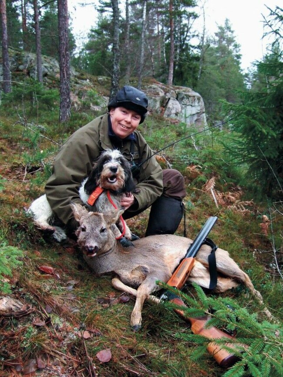 Bassetrasene er kjent for å være kontaktsøkende hunder med relativt korte drev. Her er Merete Sterk Hansen med en basset petit etter et vellykket rådyrdrev. Bassetrasene er kjent for å være kontaktsøkende hunder med relativt korte drev. Her er Merete Sterk Hansen med en basset petit etter et vellykket rådyrdrev.