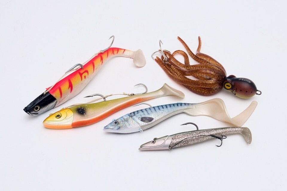 Eksempler på fem softbaitvarianter som dekker de flestes behov. Fra venstre: Storm Giant Jigging Shad 510 g, Strike Pro Hali Bandit 360 g, Berkley Power Herring Sandeel 300 g, Savage GEAR Sandeel 200 g og DAM Salt-X Octo Teaser 300 g. Eksempler på fem softbaitvarianter som dekker de flestes behov. Fra venstre: Storm Giant Jigging Shad 510 g, Strike Pro Hali Bandit 360 g, Berkley Power Herring Sandeel 300 g, Savage GEAR Sandeel 200 g og DAM Salt-X Octo Teaser 300 g.
