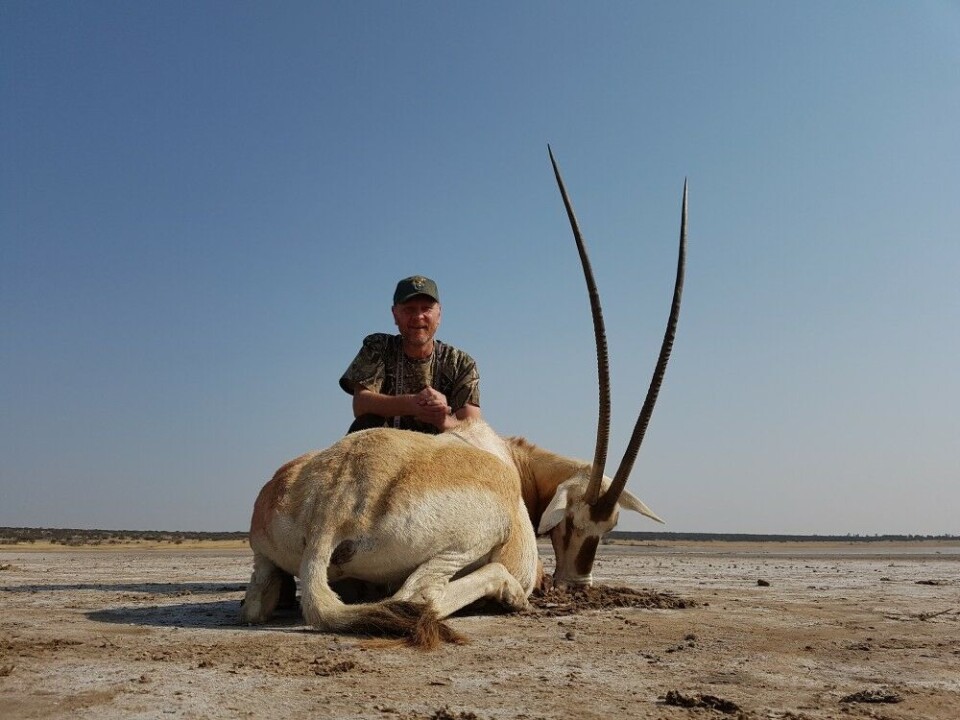 En gang Afrika, alltid Afrika. Nils-Ole Stubberud er en av mange jegere som har tapt sitt jakthjerte til landene sør for ekvator. Her med en scimitar oryx, felt i Sør-Afrika i 2018.