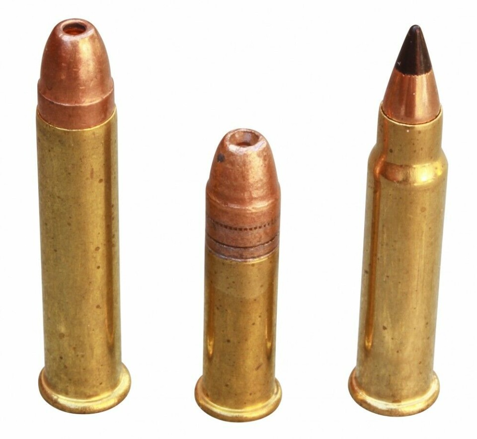 Noen salongrifler har mulighet for pipeskift i ulike randtenningskalibere. Her er .22 LR flankert av .22 magnum (WMR; Winchester Magnum Rimfire) til venstre og .17 HMR (Hornady Magnum Rimfire) til høyre. Begge de to siste er ypperlige småviltpatroner.