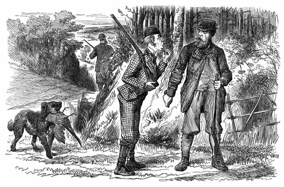 De menneskelige relasjonene var vel så viktige som skytingen i Victoriatidens Storbritannia. Her et par engasjerte herrer i aksjon med perkusjonshagler, der den ene holder kulepungen i neven.