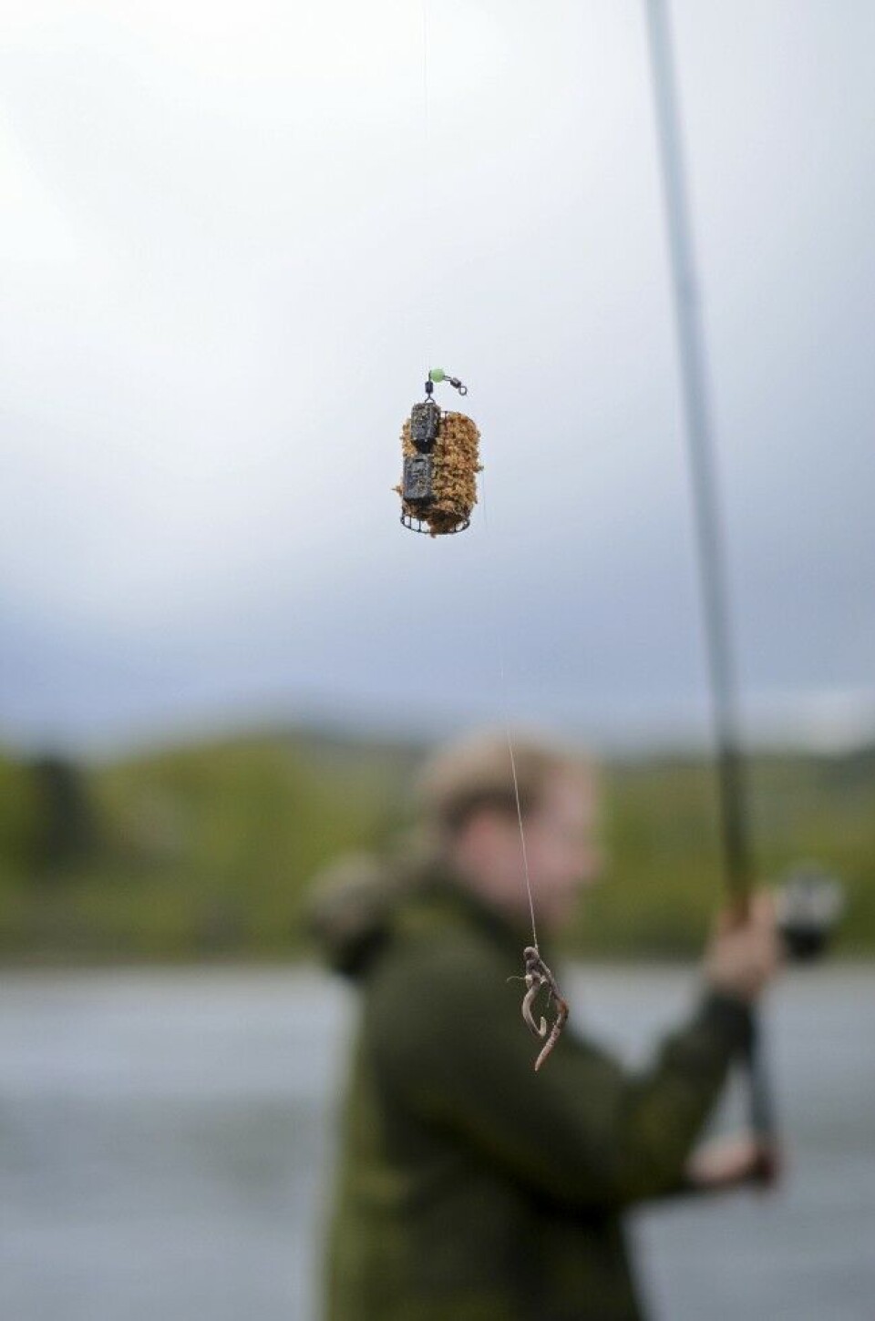 Fôring er en effektiv måte å lokke fisk til fiskeplassen. Her er en fôrkurv av metall festet på snøret. Fôring er en effektiv måte å lokke fisk til fiskeplassen. Her er en fôrkurv av metall festet på snøret.