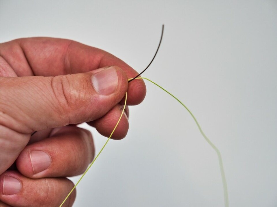 Bruk en stiv fortom, og hold den mellom tommel og pekefinger. Stumpen skal være ca. 5-7 cm lang. Legg så multifilamentstumpen på 15–20 cm en runde rundt monofilamentstumpen, og hold den fast med tommel og pekefinger. Hold alltid et fast grep. Bruk en stiv fortom, og hold den mellom tommel og pekefinger. Stumpen skal være ca. 5-7 cm lang. Legg så multifilamentstumpen på 15–20 cm en runde rundt monofilamentstumpen, og hold den fast med tommel og pekefinger. Hold alltid et fast grep.
