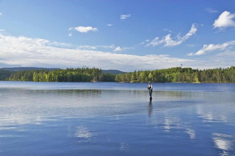 Supervannene er ofte grunne, noe denne fiskeren har funnet ut av. Man behøver heldigvis ikke kunne gå på vannet for å komme ut … Supervannene er ofte grunne, noe denne fiskeren har funnet ut av. Man behøver heldigvis ikke kunne gå på vannet for å komme ut …