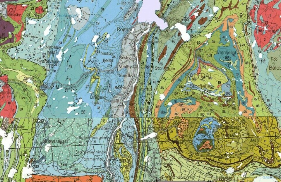 Geologiske kart er gode hjelpemidler. Her ser vi et utsnitt fra kalkrike Saltdalen. Det krever litt innsats å sette seg inn i geologiske kart, men belønningen kan være verdt det.