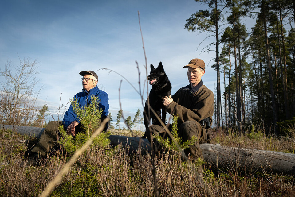 Uten mat og drikke duger hunden ikke. Fører Jon-Andreas Holm (til høyre) og instruktør Jan Lie tar en pust i bakken. Det tar på å gå stille og konsentrert gjennom skogen.