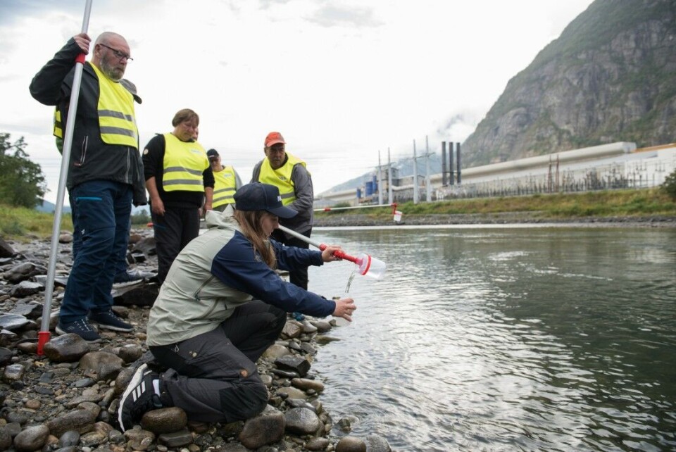 Anne Luise Ribeiro (NIVA) demonstrerer vannprøvetakingsteknikker for medlemmer av Sunndal Jeger og fiskeforening. Anne Luise Ribeiro (NIVA) demonstrerer vannprøvetakingsteknikker for medlemmer av Sunndal Jeger og fiskeforening.