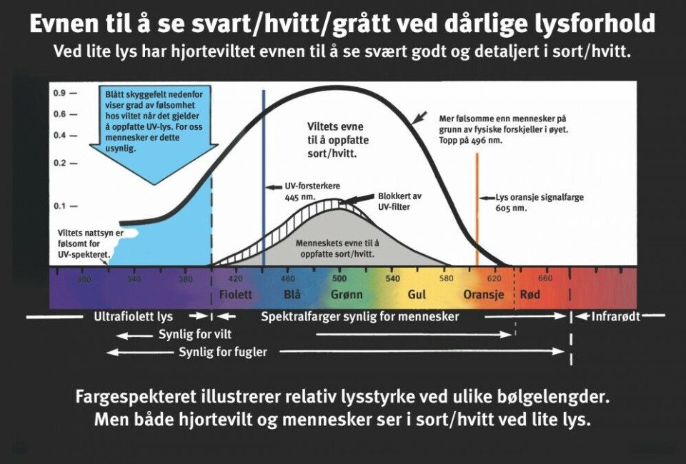 Figuren illustrerer evnen til å oppfatte sort/hvitt/grått ved dårlige lysforhold. Grafene viser den utvidete kapasiteten dyr og fugler har til å se ut over vårt synlige spekter. Grafikk gjengitt i overensstemmelse med Jay Neitz, Ph.d. – Synsforsker Medical College of Wisconsin. Figuren illustrerer evnen til å oppfatte sort/hvitt/grått ved dårlige lysforhold. Grafene viser den utvidete kapasiteten dyr og fugler har til å se ut over vårt synlige spekter. Grafikk gjengitt i overensstemmelse med Jay Neitz, Ph.d. – Synsforsker Medical College of Wisconsin.