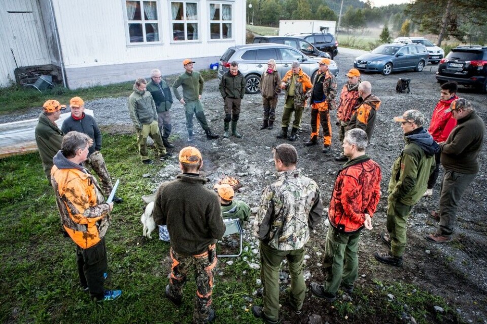 Det er grøssen morgen i skogsbygda Rørholt i Bamble, da jaktleder John-Kyrre Fjeldvik (t.v) går gjennom sikkerhetsregler og plan for dagens hjortejakt. Det er grøssen morgen i skogsbygda Rørholt i Bamble, da jaktleder John-Kyrre Fjeldvik (t.v) går gjennom sikkerhetsregler og plan for dagens hjortejakt.