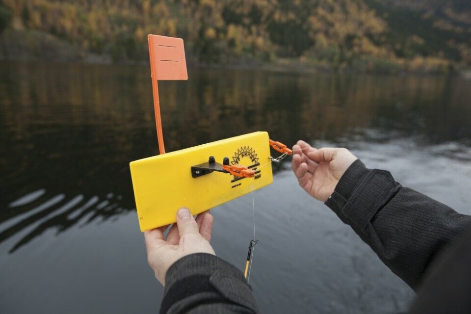 Offshore Side Planer festes inn på senen. Denne er unik fordi flagget går ned når den bakre klypa får motstand fra fisk eller smuss i vannet. Offshore Side Planer festes inn på senen. Denne er unik fordi flagget går ned når den bakre klypa får motstand fra fisk eller smuss i vannet.
