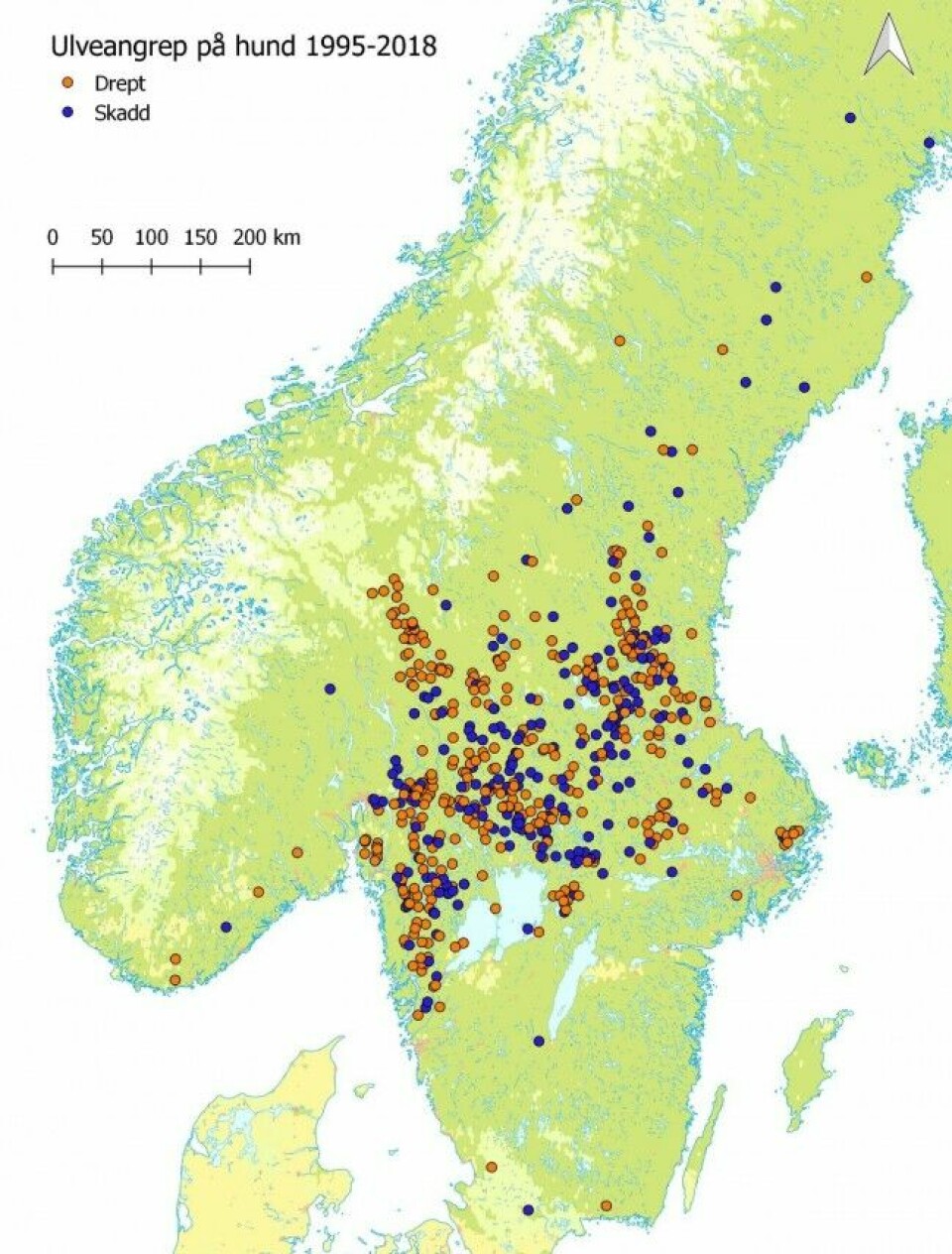 Oversikt over hunder som ble drept (n=400) eller skadd (n=217) som følge av ulveangrep i Norge og Sverige i årene 1995–2017.