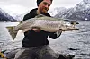 Bildet viser en fisker som har fått en stor sjøørret på kroken.