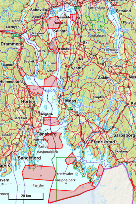 Dette er et eksempel på et nettverk av mindre fullfiskeområder slik NJFF har foreslått. Forbundet understreker at det er den eksakte utformingen og plasseringen av slike mindre nullfiskeområder må gjøres etter nøye vurderinger fra fagmiljøene.