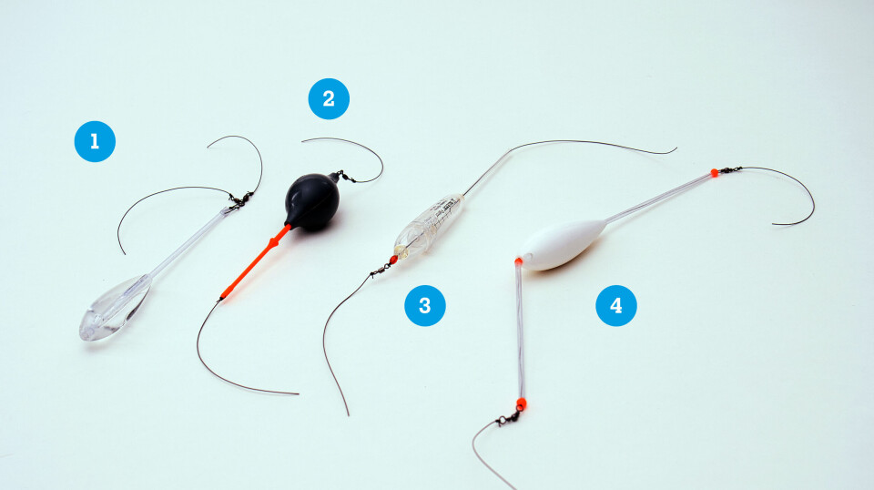 De fire vanligste kasteduppene. 1: Lawson Ørretbombe | 2: Inno Bombarda | 3: «Klassisk» dupp | 4: Klassisk med styrestag